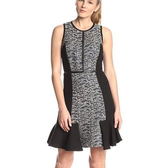 Rebecca Taylor Grey & Metallic Blue Paneled Tweed Flounce Dress Size 8 - Picture 1 of 16